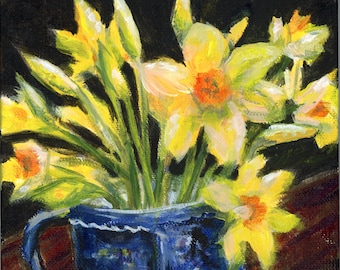 Signs of Spring Original Acrylic Floral Painting on canvas  daffodils flower still life impressionist shelf art Jennifer Jerrytone