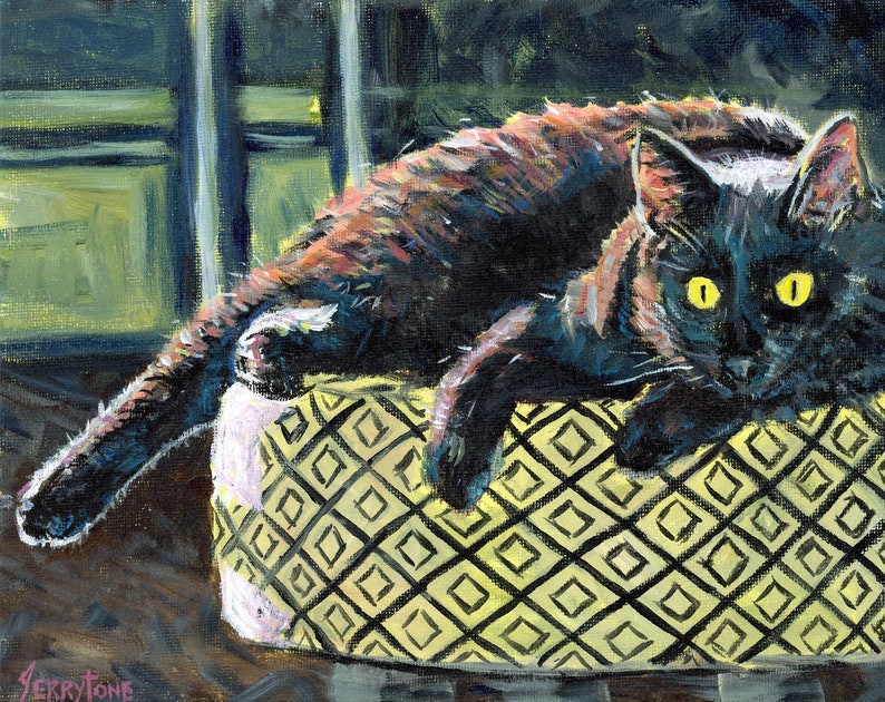 Bain de soleil Chat noir sur Tabouret 8x10 acrylique peinture originale sur toile planche chat amoureux animal de compagnie portrait félin art mural Jennifer Jerrytone image 1