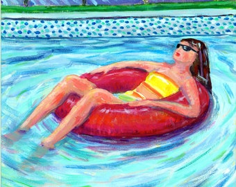 Original Acrylic Painting "Pool Time" 8x10  woman enjoying pool portrait modern impressionist illustration