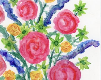 Full Bloom Original Still life Watercolor Painting Flower Art impressionist Spring 5x7 on paper folk