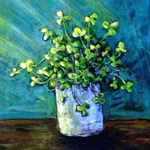 Shamrock Clover in Sunshine Still Life impressionist Original Acrylic Painting 8x10 on canvas board plant art