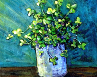 Shamrock Clover in Sunshine Still Life impressionist Original Acrylic Painting 8x10 on canvas board plant art