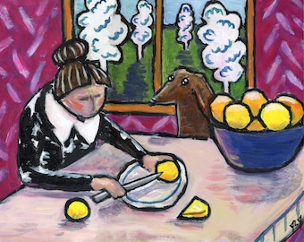 Portrait of Woman Slicing Lemons with her Dog Original art painting Matisse inspired food art impressionist artwork