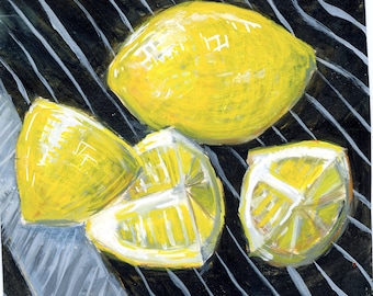 Lemons on Black Tea Towel 6X6 inch original acrylic painting on paper citrus food art Jennifer Jerrytone still life impressionist kitchen