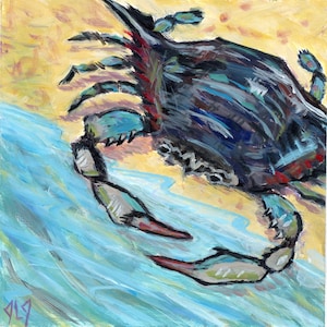 Original Acrylic painting Chesapeake Blue Crab Coastal Seashore art 6X6 inch Beach Horoscope Cancer Jennifer Jerrytone Small Art