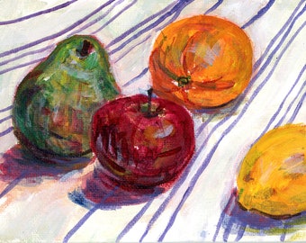 Fresh Fruit Original 5x7 Acrylic impressionist fruit still life painting apple orange lemon kitchen dining art