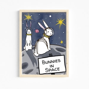 Bunnies in Space Original Wall Print Poster 8 X 10&quot;, 11 X 14&quot;, 16 X 20&quot;, 24 X 36, arte de sala para niños, dibujos animados, ilustración