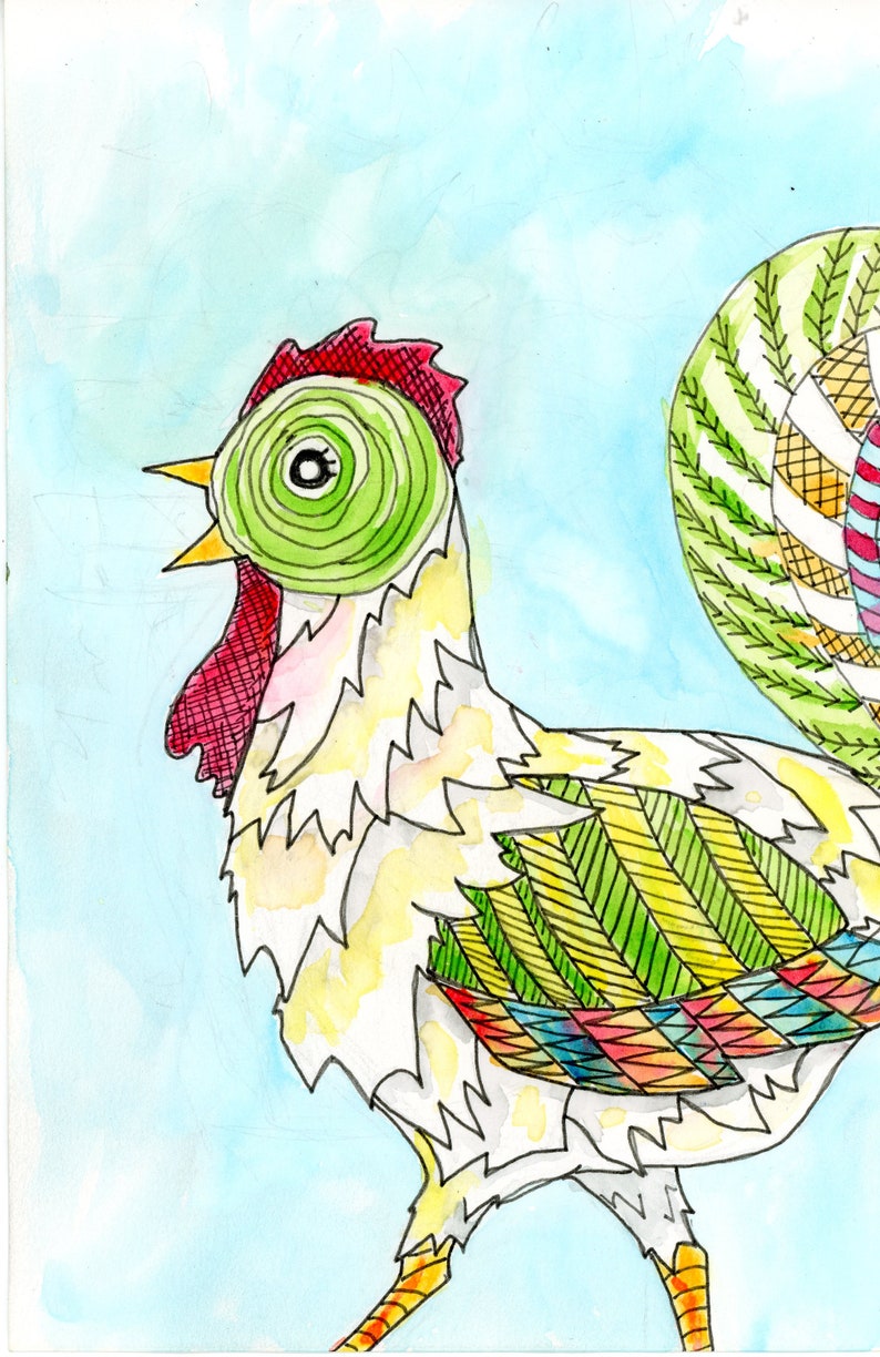 Hen Strut Inchiostro originale e acquerello pittura Chicken Folk Art immagine 1