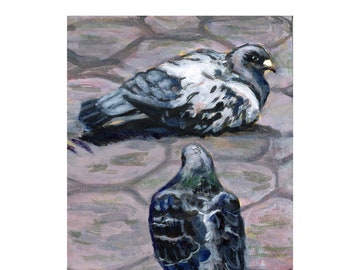 Pigeons de la ville de New York #2 peinture acrylique originale 5 x 7 Jennifer Jerrytone grande ville Portrait oiseau peinture art art de la ville