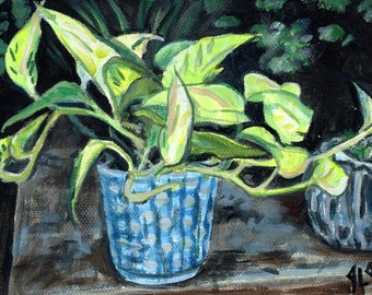 Golden Pothos Houseplant Study Original Landscape Acrylic Painting 5x7 unframed impressionist Devils Ivy