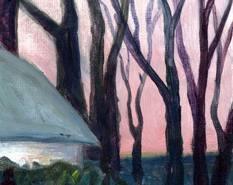 Sunrise Behind Barn and Nut Trees Original Landscape painting on canvas board 5x7 impressionist woods Sunset