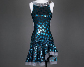 Original Design Ballroom Jive/Swing Competition Dress Aqua Black Silver Made in USA Size Small Sexy Latin Dance Swarovski Crystal Bling
