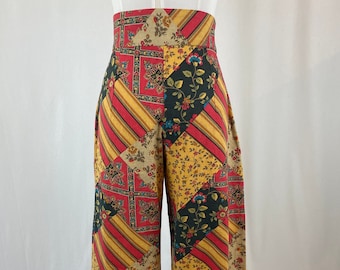 Women's Handmade High Waist Wide Leg Floral Pants Cheater Quilt Print