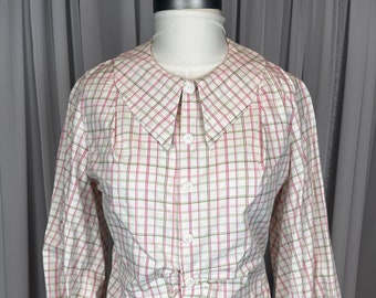 Handmade Retro 1940s Style Ladies Blouse Pink Green Big Collar with Buttons Size Medium