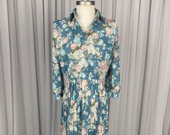 70s Vintage Floral Pleated Dress: Lady Carol Green Pink, Medium Large