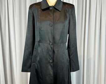 Vintage Ladies Black Satin Fitted Long Blazer with Pockets Classic Medium