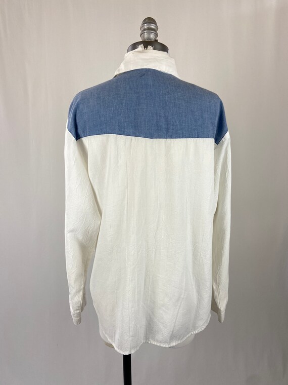 1980s Ladies Denim and White Cotton Blouse Wester… - image 2