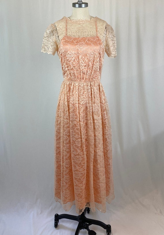 Vintage Pink Peach Lace Tea Length Dress 1980s 1990s Bust 32 Size Small XS Short Sleeve Gathered Waist Etsy