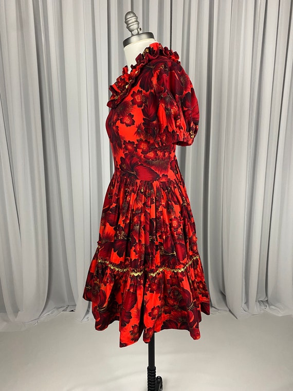 Handmade Bright Red Hawaiian Ruffle Dress with Go… - image 3