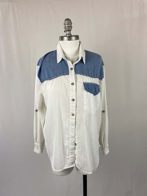 1980s Ladies Denim and White Cotton Blouse Wester… - image 1