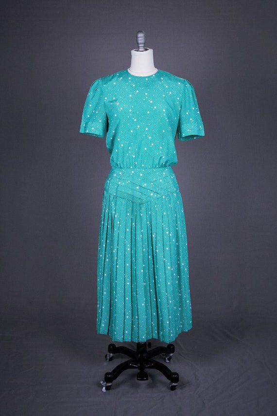 Vintage 1980s Aqua Ladies Day Blouson Dress Modern