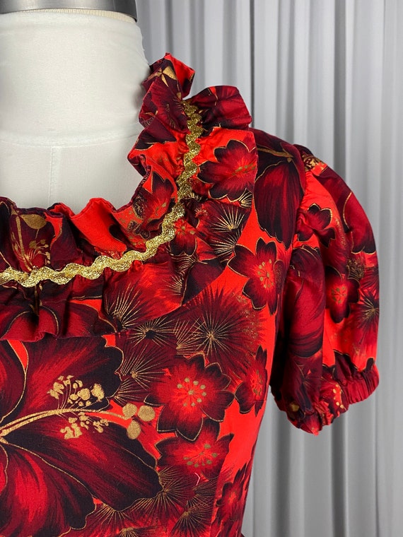 Handmade Bright Red Hawaiian Ruffle Dress with Go… - image 2