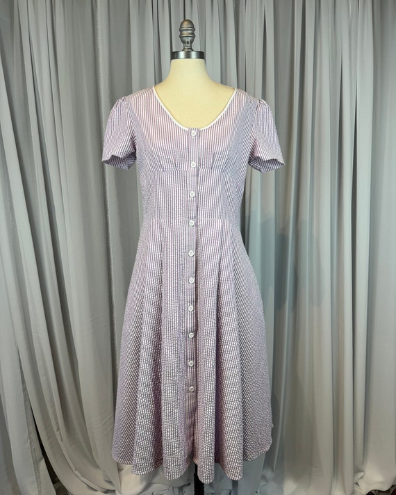 Vintage 1950s Seersucker Dress: Purple Striped Cotton Summer Dress