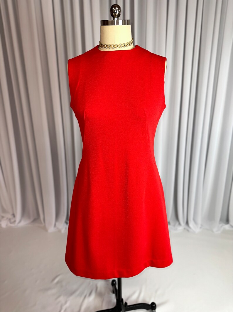 Vintage 1960s Handmade Ruby Red Sleeveless Polyester Shift Dress image 2