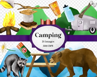 Watercolor camping clipart digital file png - hand drawn artwork transparent background - commercial use - tent, camp, outdoor, nature