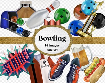 Watercolor bowling clipart clip art digital png transparent background-bowling ball, bowling alley, bowling pin-instant download commercial