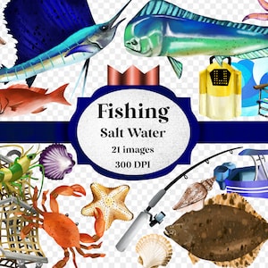 Watercolor deep sea ocean fishing clipart clip art digital png - hand drawn artwork illustration - sailfish, crab, flounder, snapper, mahi