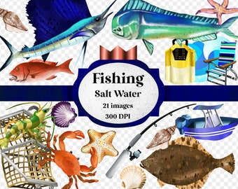 Watercolor deep sea ocean fishing clipart clip art digital png - hand drawn artwork illustration - sailfish, crab, flounder, snapper, mahi