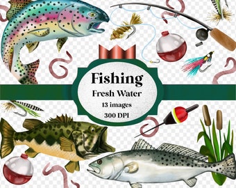 Watercolor fishing clipart clip art digital png - hand drawn artwork transparent background -bass, trout, worm, fishing pole, speckled trout