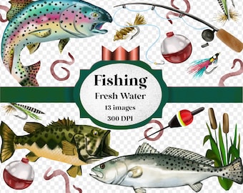 Watercolor fishing clipart clip art digital png - hand drawn artwork transparent background -bass, trout, worm, fishing pole, speckled trout