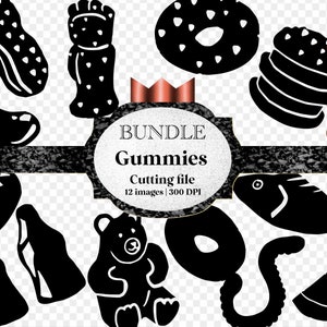 May include: A digital download of 12 black and white silhouette images of various gummy candies, including a bear, fish, worm, doughnut, and peanut. The images are labelled "Bundle Gummies Cutting file 12 images | 300 DPI".