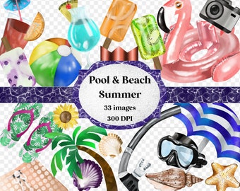 Watercolor summer pool beach - clip art clipart graphic illustration digital file hand drawn -  instant download commercial