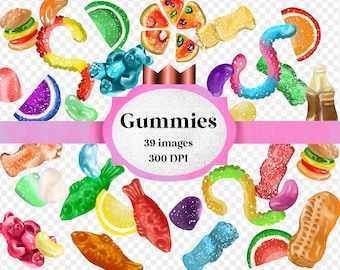 Watercolor gummy candy clipart digital hand drawn art artwork png - gummy bear, gummy worm, swedish fish, gumdrop, sour patchs, jelly bean