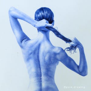 May include: A blue-toned drawing of a person from the back, with their arms raised. They are holding their hair, which is pulled into a braid. The drawing is detailed, showing the person's back muscles and the texture of their skin.