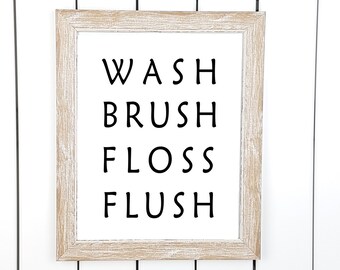 5 maten - Was brush floss flush teken, afdrukbare badkamer teken. Badkamer Muur deco, Kinderen Badkamer Wasruimte Sign Wall Art Home deco 2