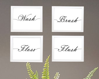 5x7 inch [Set of 4] - Wash Brush Floss Flush Bathroom decor, Printable Bathroom sign, Kids Bathroom, Home Decor, Bathroom Wall Decor Toilet