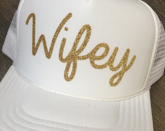 Wifey hat-engagement gift-honeymoon hat-wedding-bridal shower gift-glitter trucker hat-wifey