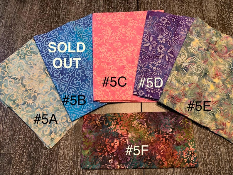 May include: Six fabric swatches with different patterns and colors. The swatches are labeled with numbers #5A, #5B, #5C, #5D, #5E, and #5F. One swatch is labeled "SOLD OUT".