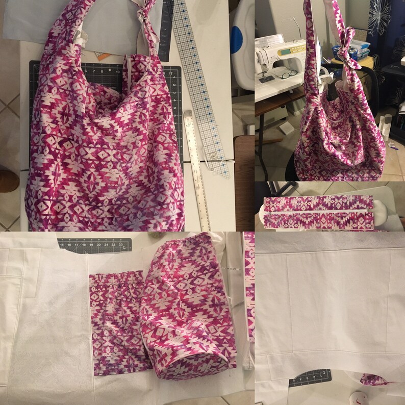 May include: A pink and white patterned tote bag with a long strap. The bag is made of fabric and has a geometric design. The bag is shown in different stages of construction, including the fabric being cut and sewn together.