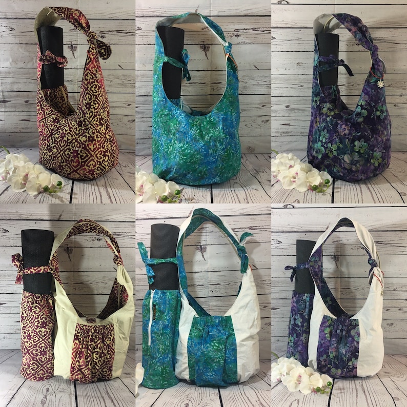 May include: Six different yoga mat bags with a variety of colorful patterns. Each bag has a large pocket on the front and a smaller pocket on the back. The bags are made of a soft, durable fabric and are perfect for carrying your yoga mat to and from the studio.