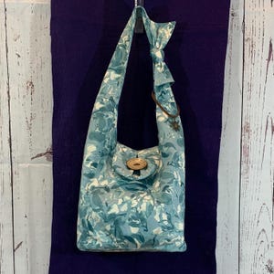 Aqua Blue Abstract Denim Hobo Bag: Handmade Shoulder Bag with Pockets
