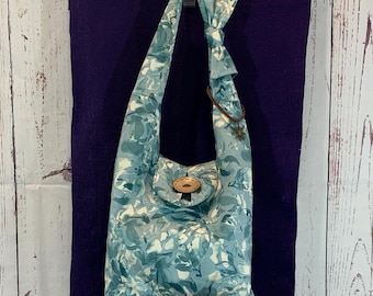 Aqua Blue Abstract Denim Hobo Bag: Handmade Shoulder Bag with Pockets