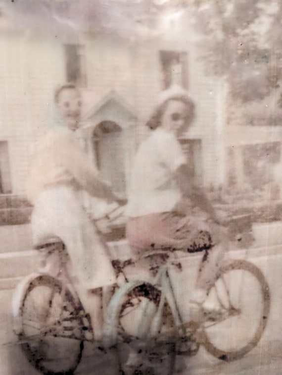 Ladies Riding Bicycles, Vintage Photo, Original Art, Wax Encaustic