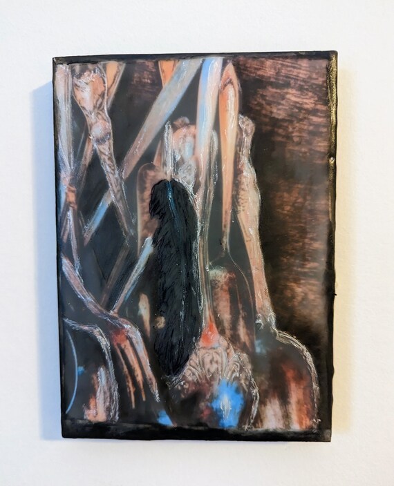 Silver and Crow Feather, Wax Encaustic, Original Art Painting