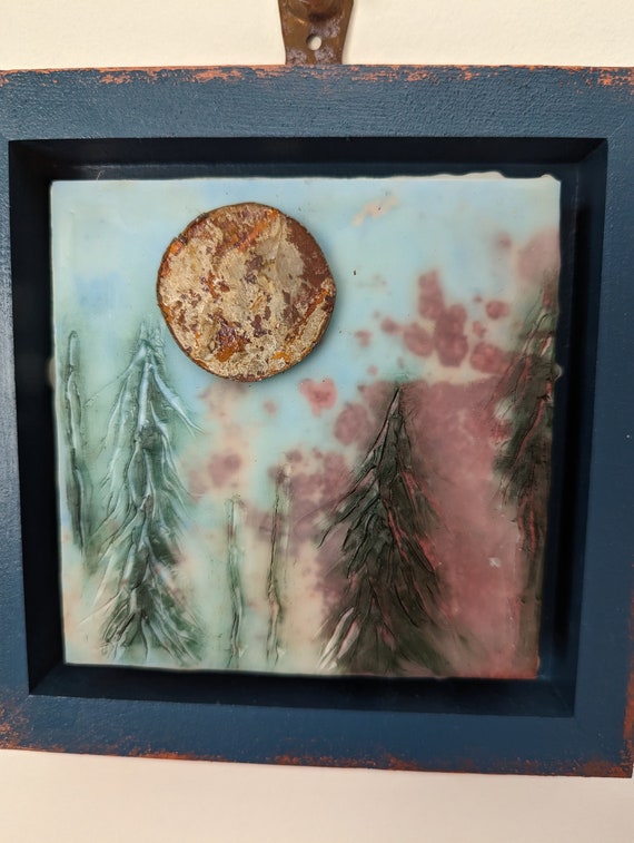 Pine Trees and Rust Landscape, Original Art, Wax Encaustic Mixed Media Collage