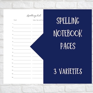 May include: A white spelling list notebook page with sixteen numbered lines for words and a column for rules, tips, and tricks. A dark blue overlay on the right side features the white text Spelling Notebook Pages and 3 Varieties.